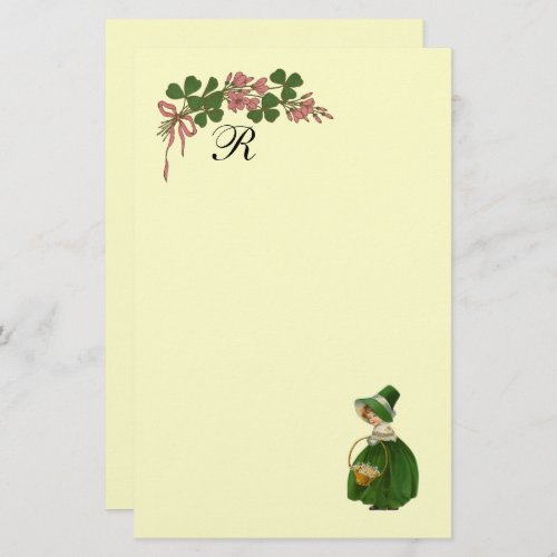 ST PATRICKS DAYIRISH GIRL AND SHAMROCKS MONOGRAM STATIONERY