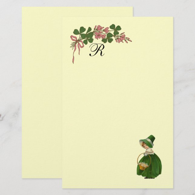 ST PATRICK'S DAY,IRISH GIRL AND SHAMROCKS MONOGRAM STATIONERY (Front/Back)