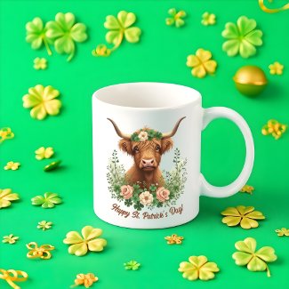 St Patricks Day Irish Highland Cow Green Clover