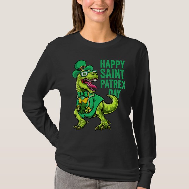 St Patricks Day Irish Leprechaun Dinosaur T Rex Bo T-Shirt (Front)