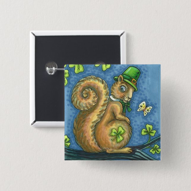 ST. PATRICK'S DAY IRISH LEPRECHAUN SQUIRREL, Lucky Button (Front & Back)