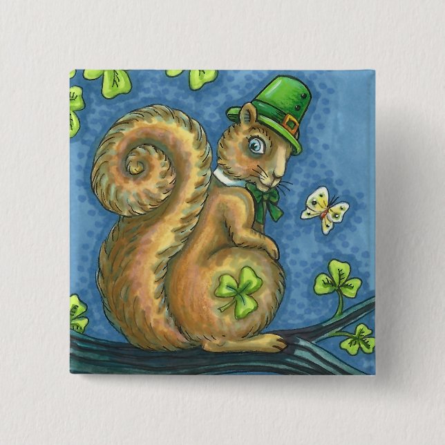 ST. PATRICK'S DAY IRISH LEPRECHAUN SQUIRREL, Lucky Button (Front)