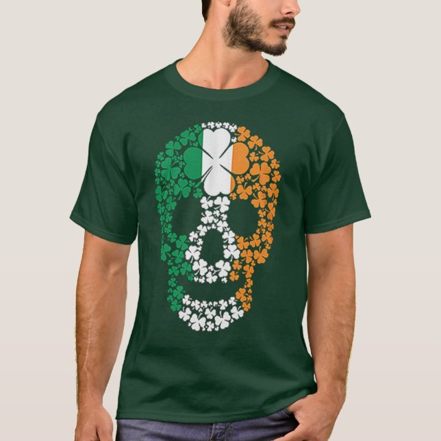St. Patrick's Day Irish Shamrock Clover Skull T-Shirt (Front)