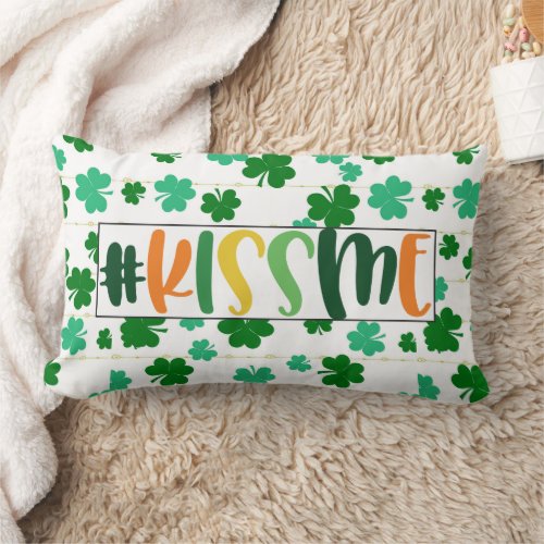 St Patricks Day Kiss Me Cute Green Clover Lumbar Pillow
