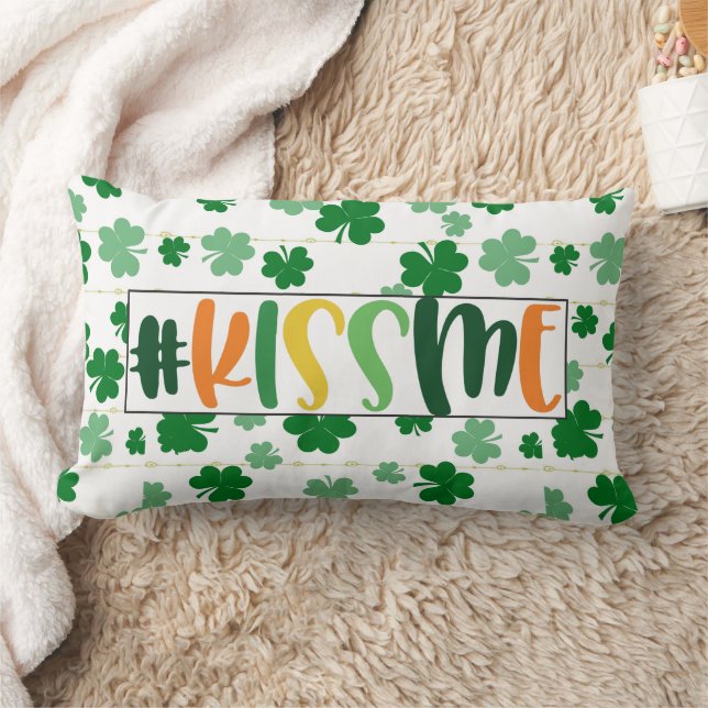 St. Patricks Day Kiss Me Cute Green Clover Lumbar Pillow (Blanket)
