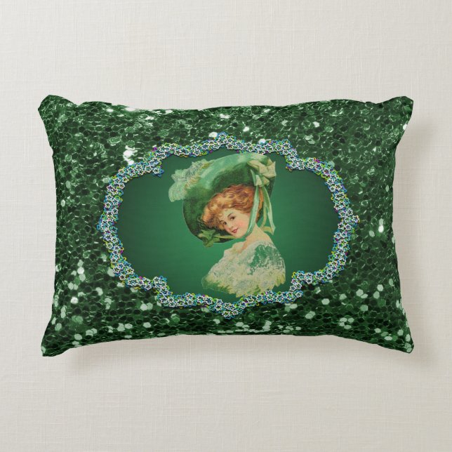 St Patricks Day Lady Green Frame Faux Glitter Accent Pillow (Front)
