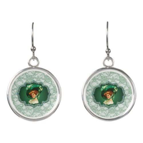 St Patricks Day Lady Green Frame  Faux Lace Earrings