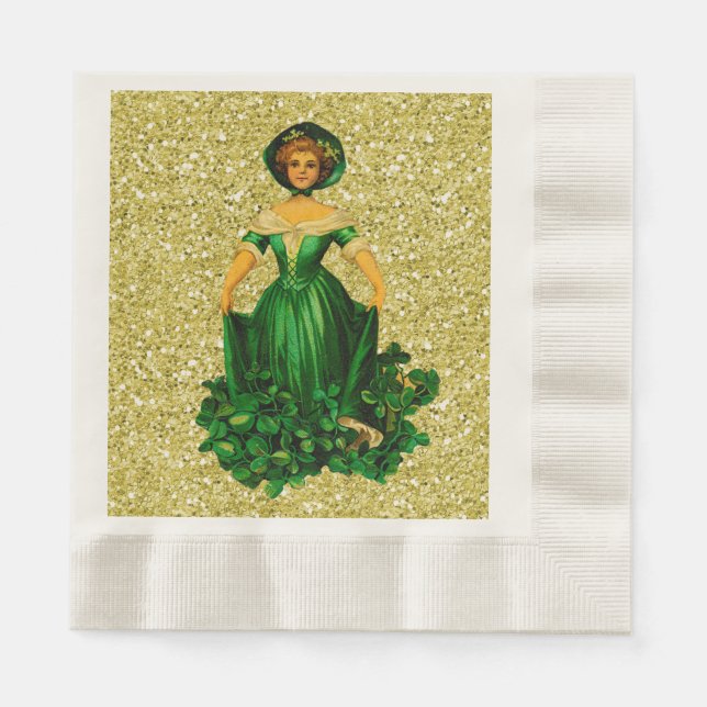 St Patricks Day Lady Green Gown Gold Faux Glitter Napkins (Front)