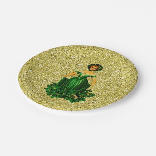 St Patricks Day Lady Green Gown Gold Faux Glitter Paper Plates