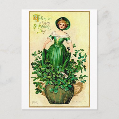 St Patricks Day Lady Vintage Postcard