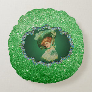 St Patricks Day Lady w/Hat GreenFrame FauxGlitter2 Round Pillow