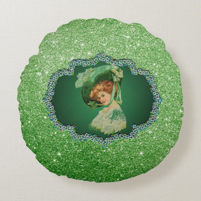 St Patricks Day Lady w/Hat GreenFrame FauxGlitter2 Round Pillow (Front)