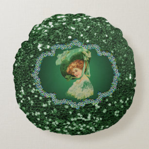 St. Patrick's Day Lady with Hat Green Frame Faux G Round Pillow