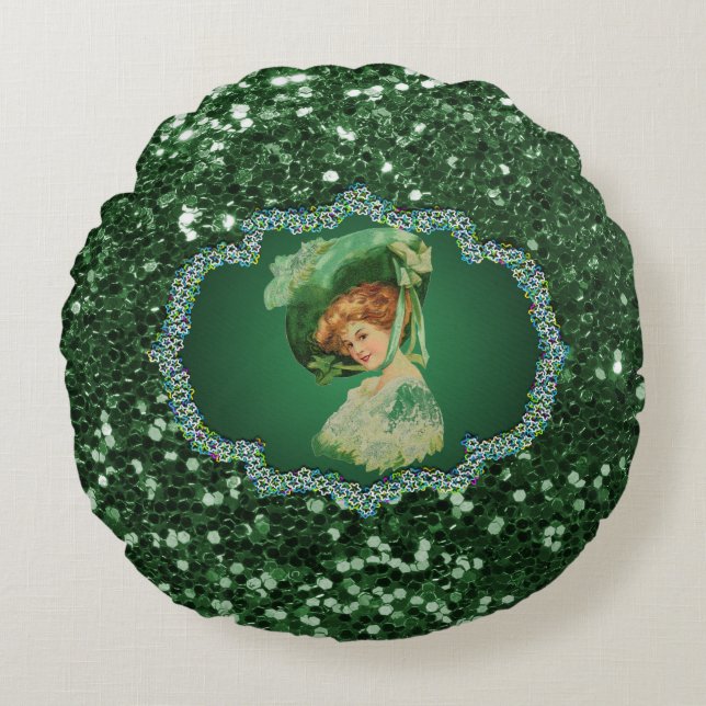St. Patrick's Day Lady with Hat Green Frame Faux G Round Pillow (Front)