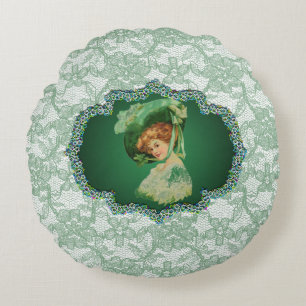 St. Patrick's Day Lady with Hat Green Frame & Lace Round Pillow