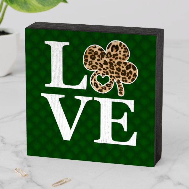 St Patricks Day Leopard Love Shamrock Wooden Box Sign (In Situ Horizontal)
