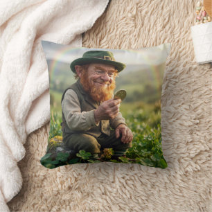 St. Patrick's Day Leprechaun Admiring a Gold Coin Throw Pillow