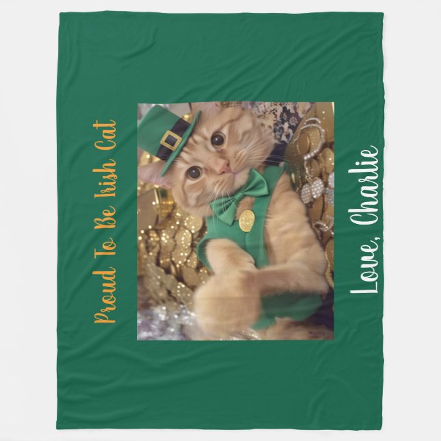 St Patrick's Day Leprechaun Cat  Fleece Blanket (Front)
