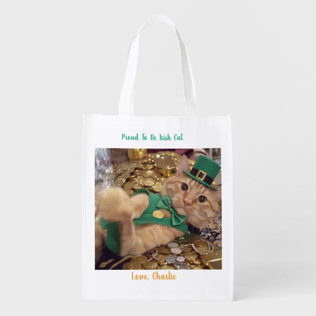 St Patrick's Day Leprechaun Cat  Grocery Bag (Front)