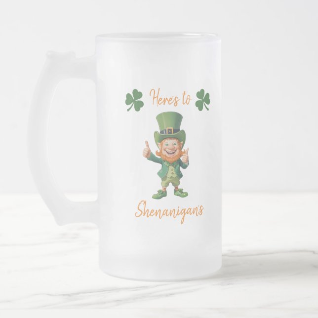 St Patrick's Day-Leprechaun- Frosted Glass Beer Mug (Left)