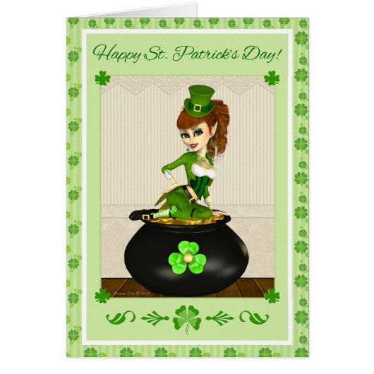 St. Patrick's Day Leprechaun Girl Pot of Gold Card (Front)