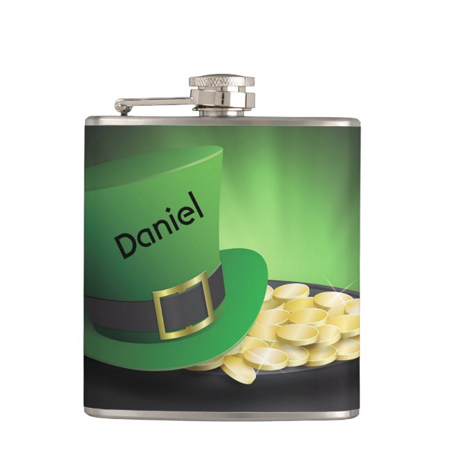 St. Patrick's Day Leprechaun Hat and Pot of Gold Hip Flask (Front)