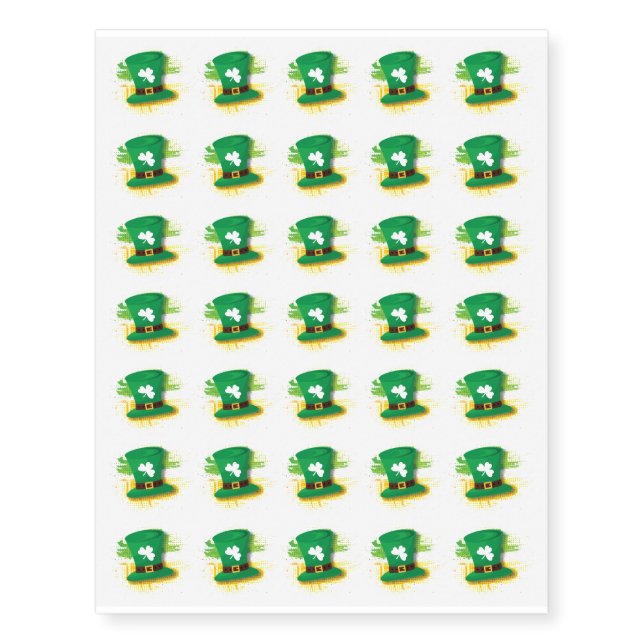 St. Patrick's Day. Leprechaun Hat. Ireland Flag. Temporary Tattoos (Front)