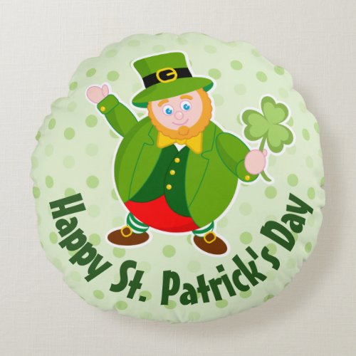St Patricks Day leprechaun holds a lucky shamrock Round Pillow
