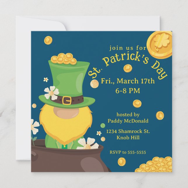 St. Patrick's Day Leprechaun in Pot of Gold Invitation (Front)