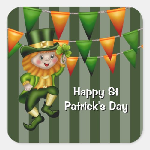 St Patricks day Leprechaun jig Irish flag bunting Square Sticker