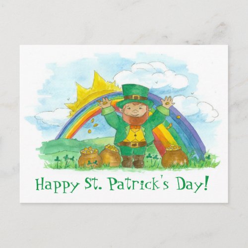 St Patricks Day Leprechaun Rainbow Pot Of Gold Postcard
