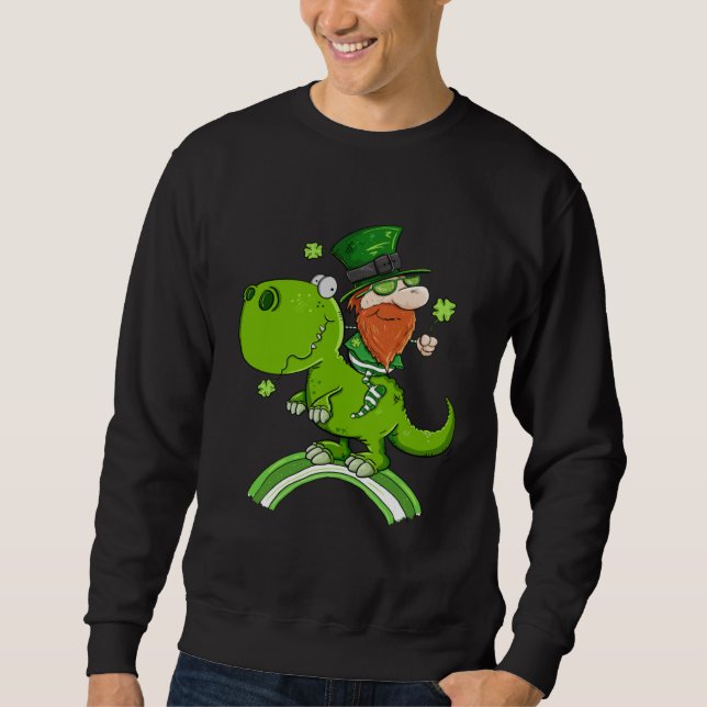 St Patricks Day Leprechaun Riding A Dinosaur Shamr Sweatshirt (Front)