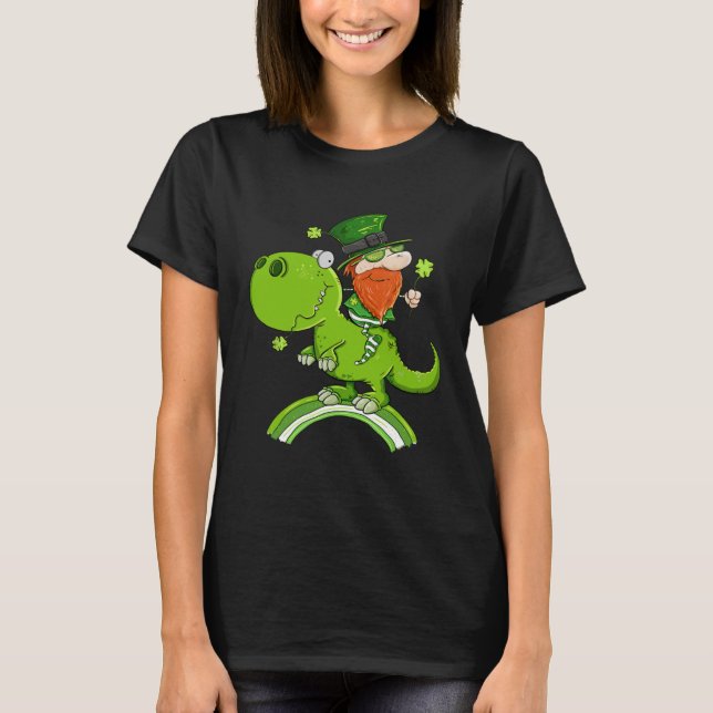 St Patricks Day Leprechaun Riding A Dinosaur Shamr T-Shirt (Front)