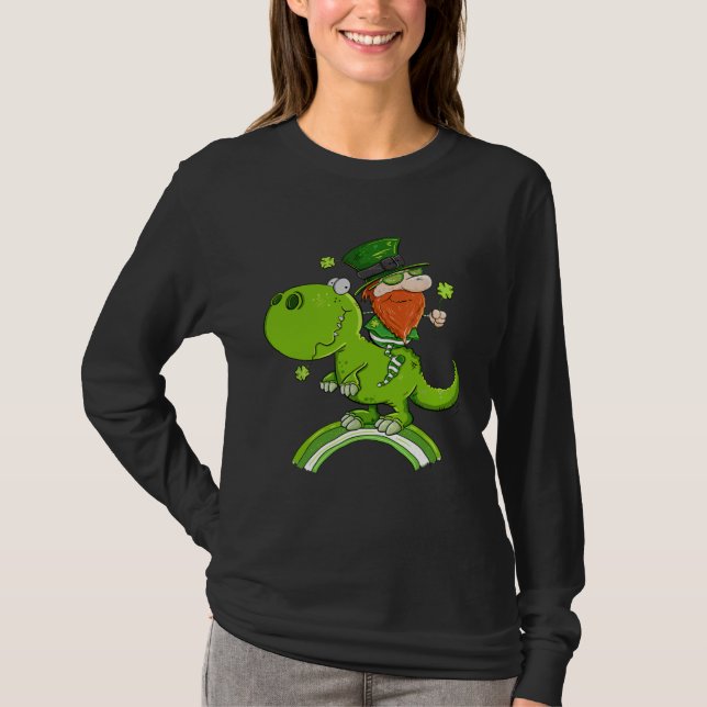 St Patricks Day Leprechaun Riding A Dinosaur Shamr T-Shirt (Front)
