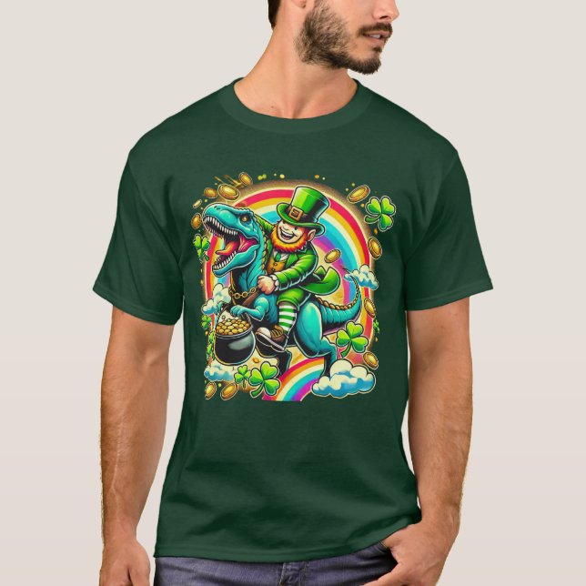 St. Patrick's Day Leprechaun Riding Dinosaur Shirt (Front)