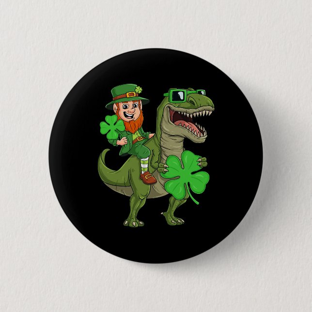 St Patricks Day Leprechaun Riding T Rex Fun Dino B Button (Front)
