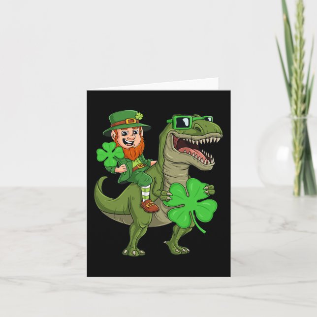 St Patricks Day Leprechaun Riding T Rex Fun Dino B Card (Front)