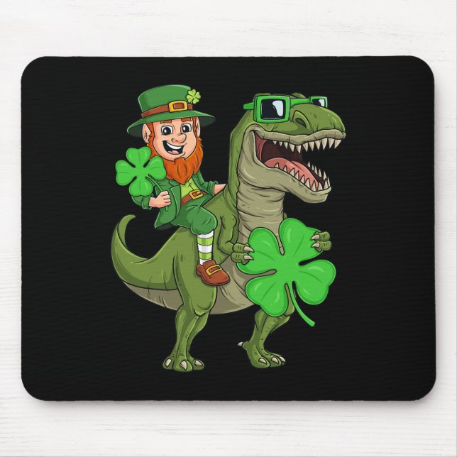 St Patricks Day Leprechaun Riding T Rex Fun Dino B Mouse Pad (Front)