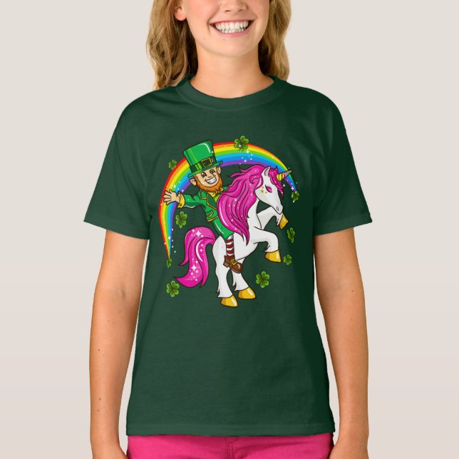 St Patricks Day Leprechaun Riding Unicorn T-Shirt (Front)