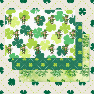 St. Patrick's Day Leprechaun Shamrocks Green Wrapping Paper Sheets