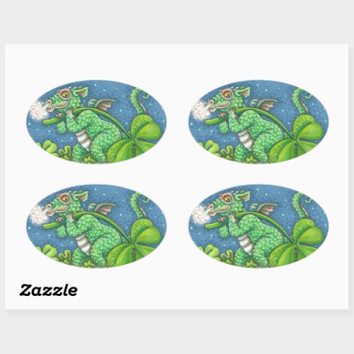 ST PATRICKS DAY LITTLE IRISH DRAGON FANTASY OVAL STICKER