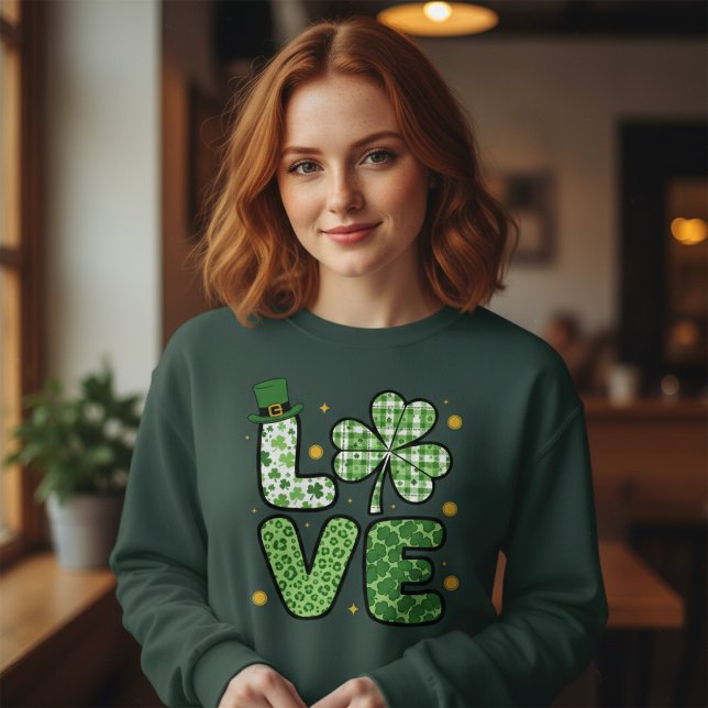St. Patrick's Day LOVE Green Mixed Patterns Clover Sweatshirt (Creator Uploaded)