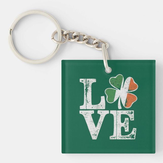 St Patricks Day Love Lucky Irish Shamrock Green  Keychain (Front)