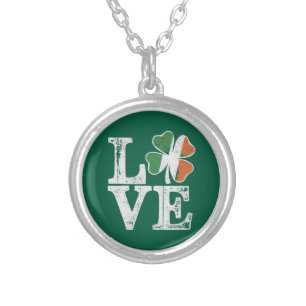 St Patricks Day Love Lucky Irish Shamrock Green Silver Plated Necklace