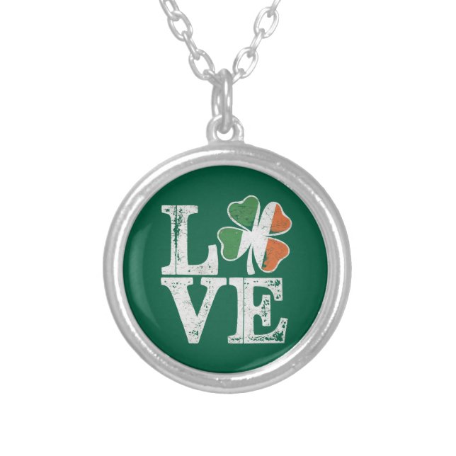 St Patricks Day Love Lucky Irish Shamrock Green  Silver Plated Necklace (Front)