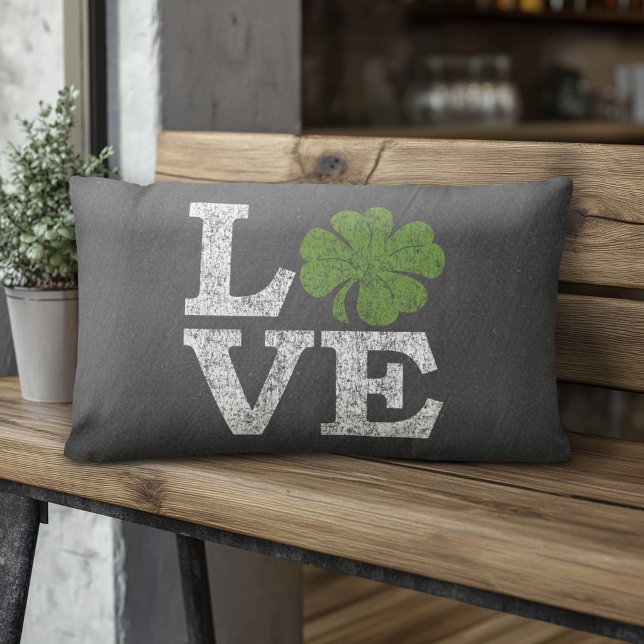 St Patricks Day LOVE with shamrock Lumbar Pillow (Custom Monogram Pillow)