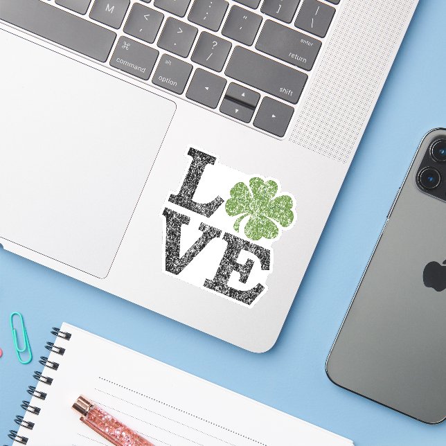 St Patricks Day LOVE with shamrock Sticker (Laptop w/ iPhone)
