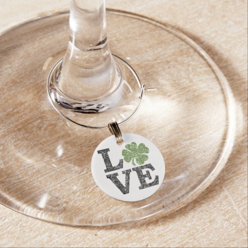 St Patricks Day LOVE with shamrock Wine Glass Charm