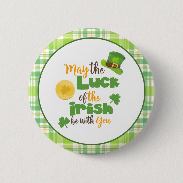St Patrick's Day Luck of the Irish Plaid Button (Front)