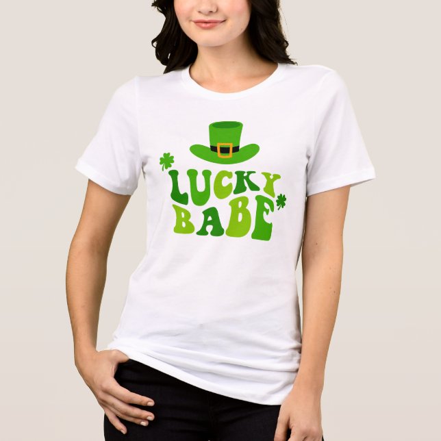 St Patricks Day Lucky Babe Green Shamrocks Irish Tri-Blend Shirt (Front)
